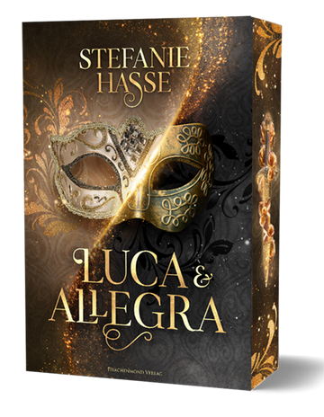 Das Cover zeigt eine venezianische Maske und darunter den Titel. Das Cover ist hauptsächlich in Gold- und Brauntönen gehalten.